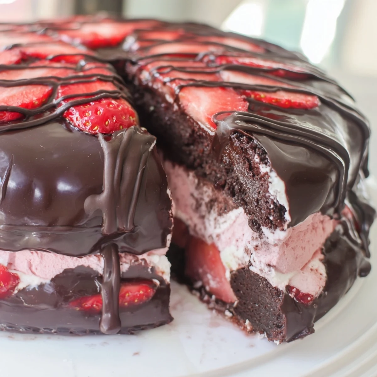 Decadent chocolate covered strawberry ice cream cake with glossy chocolate shell and fresh strawberry halves garnish