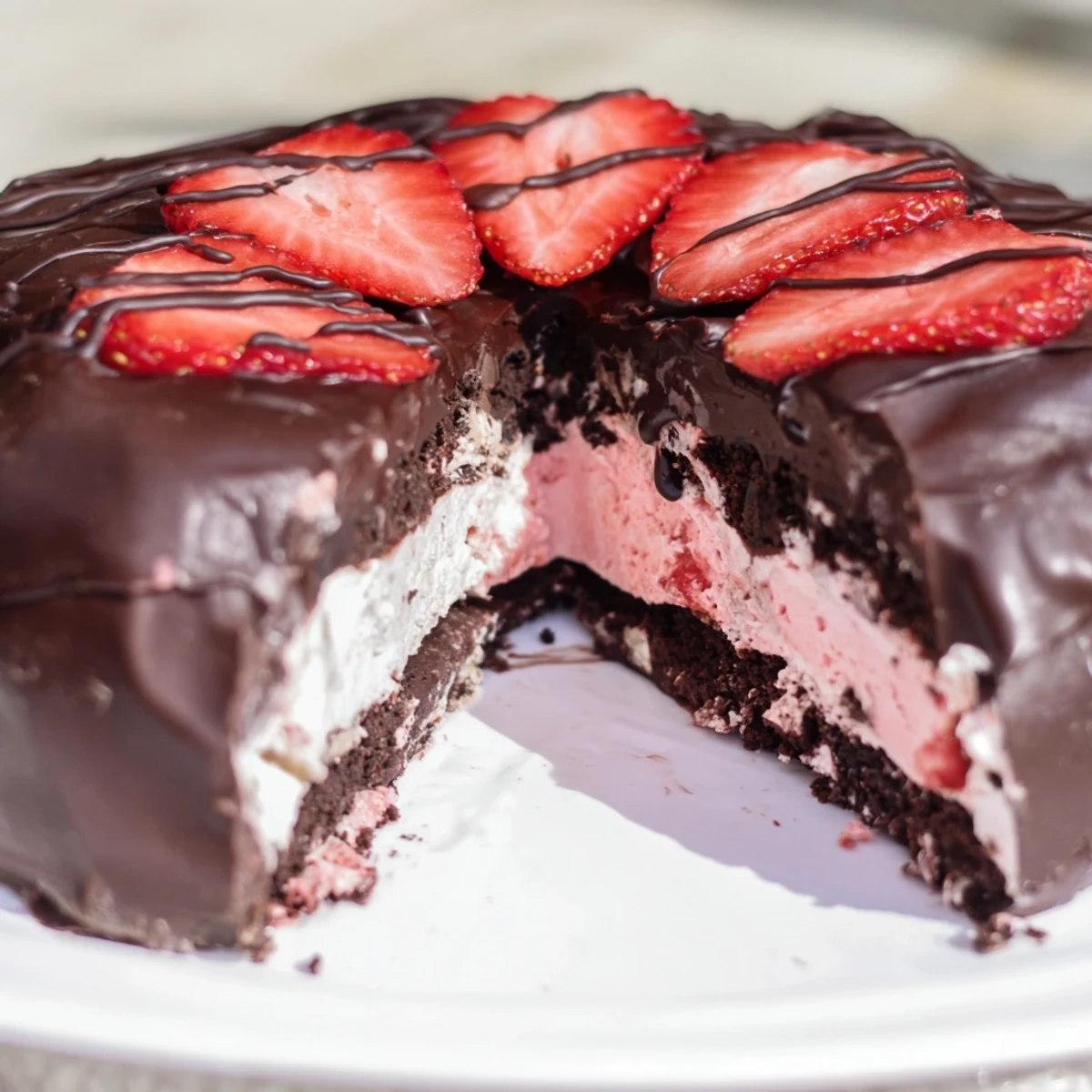 Frozen chocolate covered strawberry ice cream cake featuring layers of rich chocolate cake and creamy strawberry filling