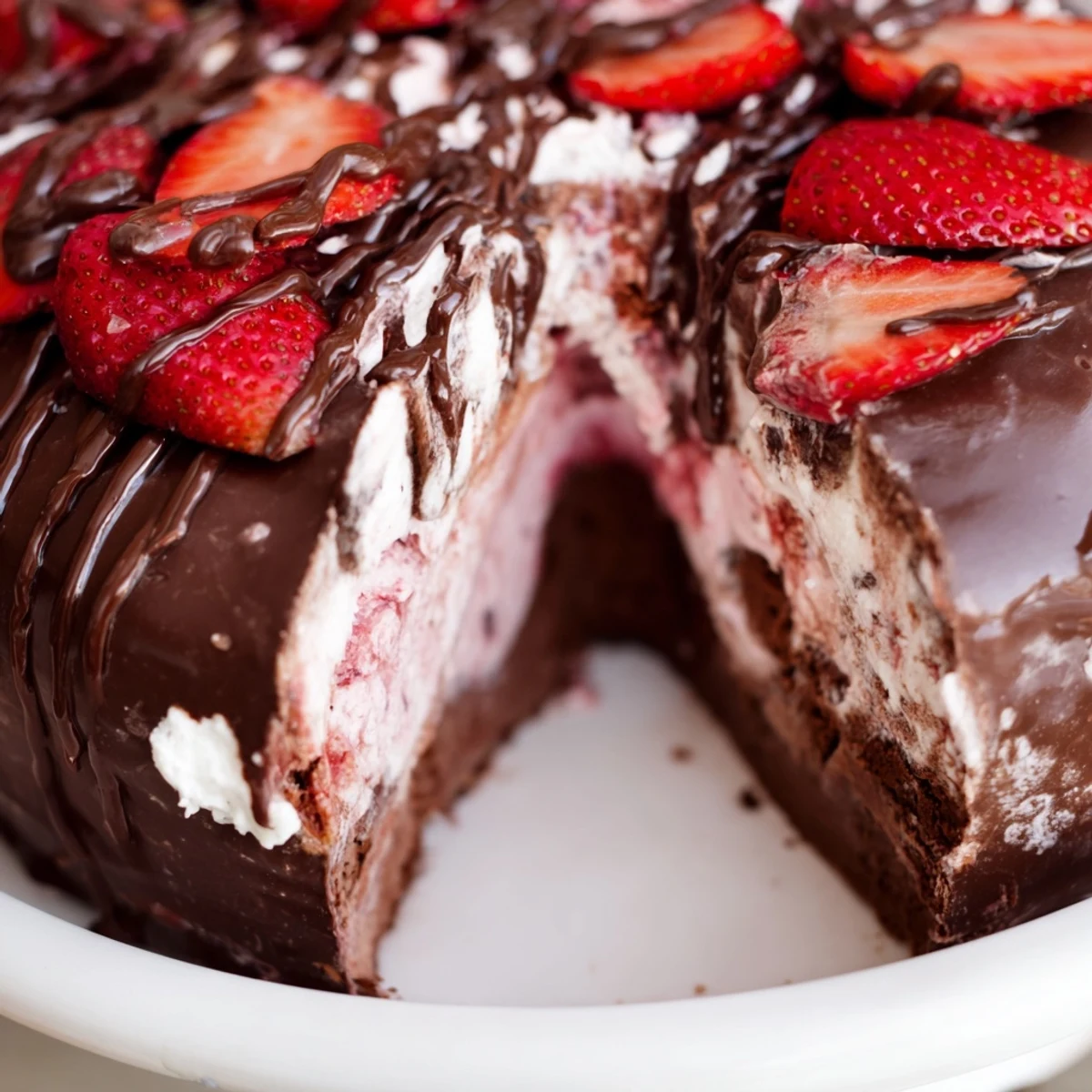 Slice of chocolate covered strawberry ice cream cake with dark chocolate drizzle on white serving plate