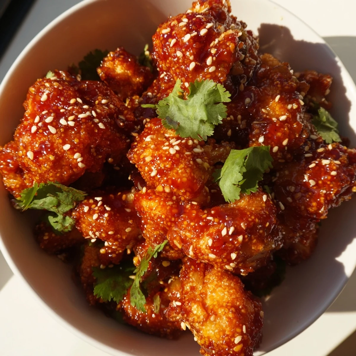 Golden crispy General Tsos cauliflower bowls served over fluffy white rice with colorful fresh vegetables and sesame seed garnish