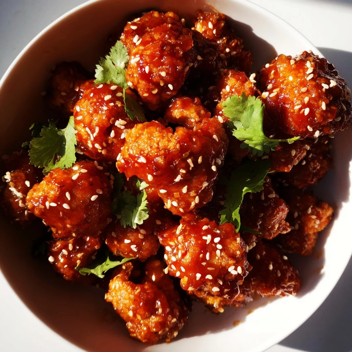 Tangy glazed General Tsos cauliflower florets arranged in bowls beside steamed rice and crisp julienned carrots with snow peas