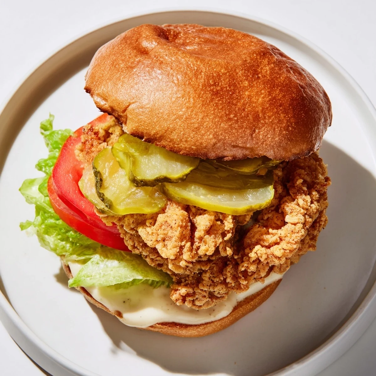 Golden fried Cajun chicken breast nestled in toasted bun with creamy garlic aioli and fresh lettuce