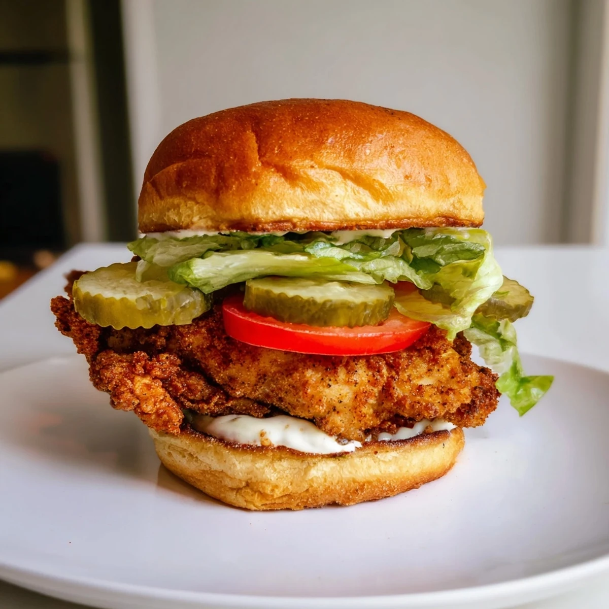 Spicy crispy chicken sandwich loaded with garlic aioli, ripe tomato slices and crunchy dill pickles on brioche