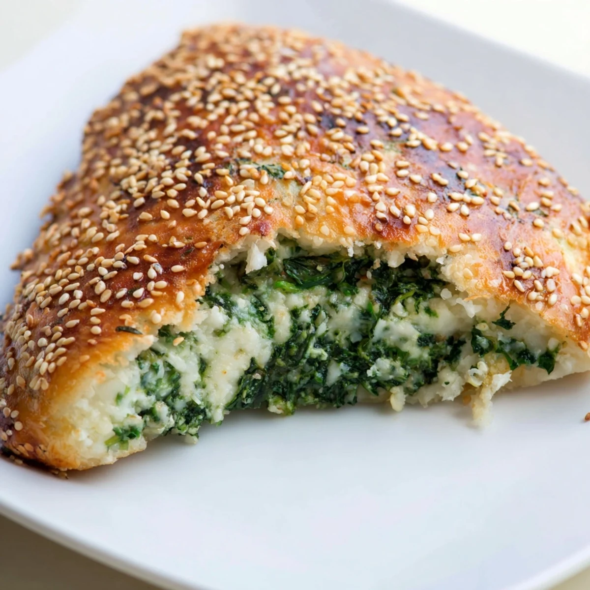 Chewy flatbagel stuffed with creamy cottage cheese and spinach filling, brushed with egg wash and sprinkled with seeds