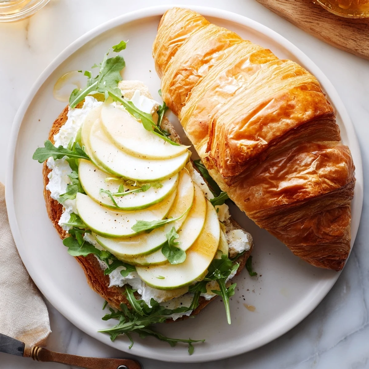 Gourmet breakfast sandwich featuring buttery croissant with tangy goat cheese and honey-drizzled apples