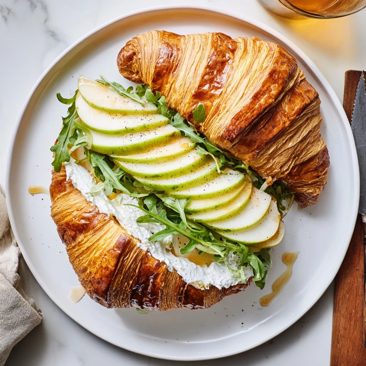 French-inspired apple goat cheese croissant sandwich with fresh arugula on a wooden board