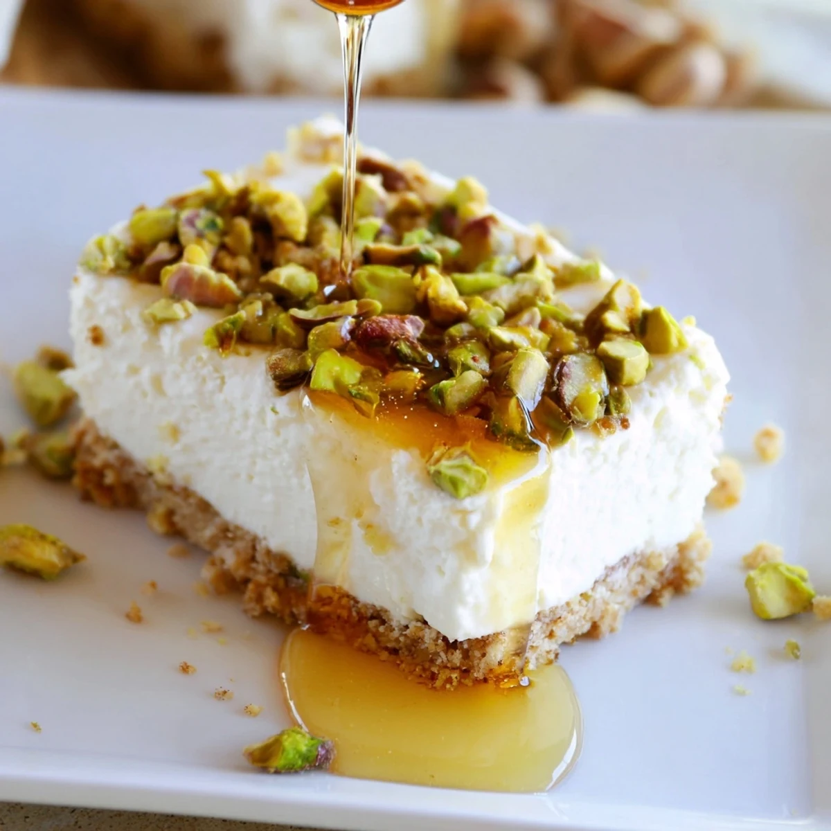 Creamy Greek honey pistachio cheesecake bars sliced into squares on white dessert plate