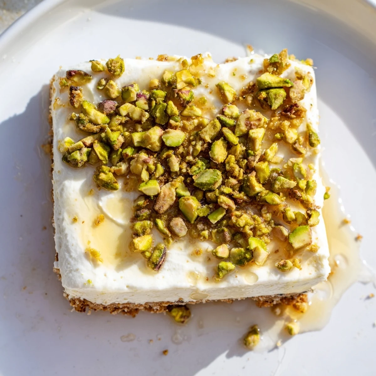 Golden drizzled Greek honey pistachio cheesecake bars with crunchy nut topping on graham crust