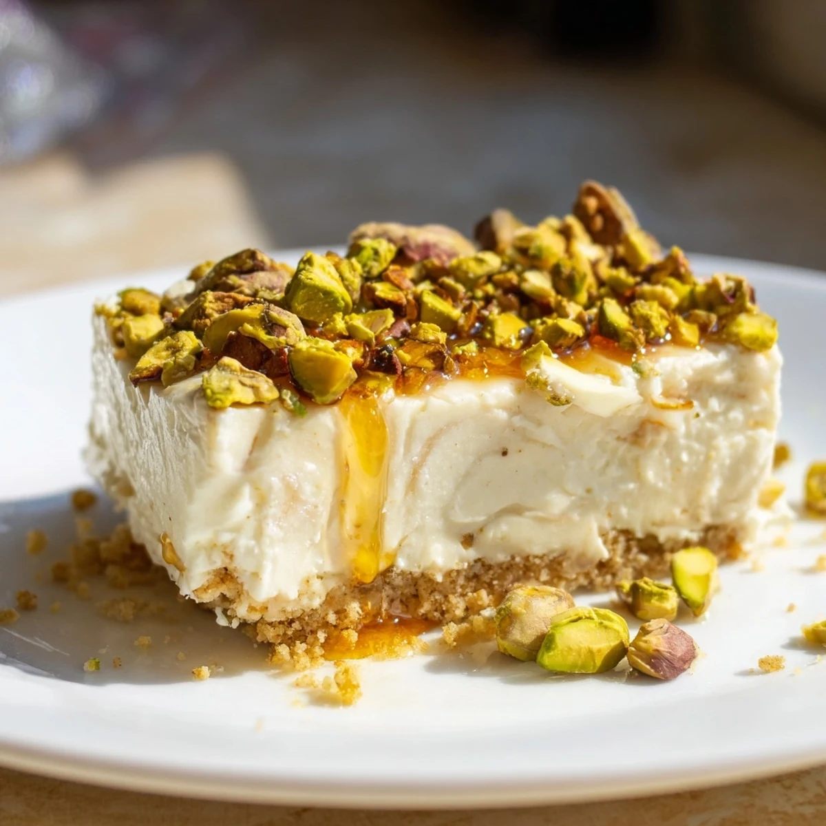 Luscious Greek honey pistachio cheesecake bars featuring green pistachios and golden honey glaze