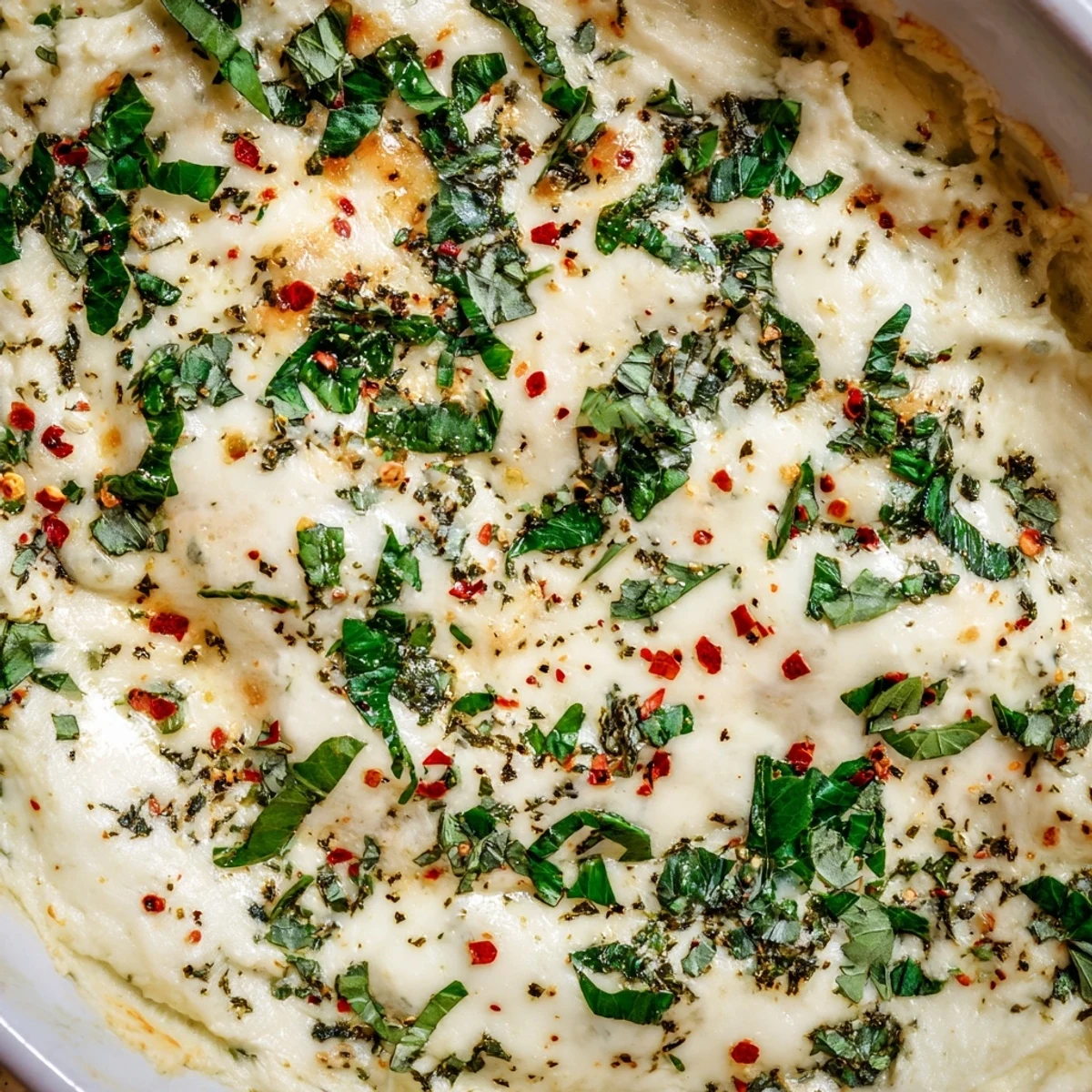 Creamy white pizza dip topped with melted mozzarella and fresh roasted garlic flavor