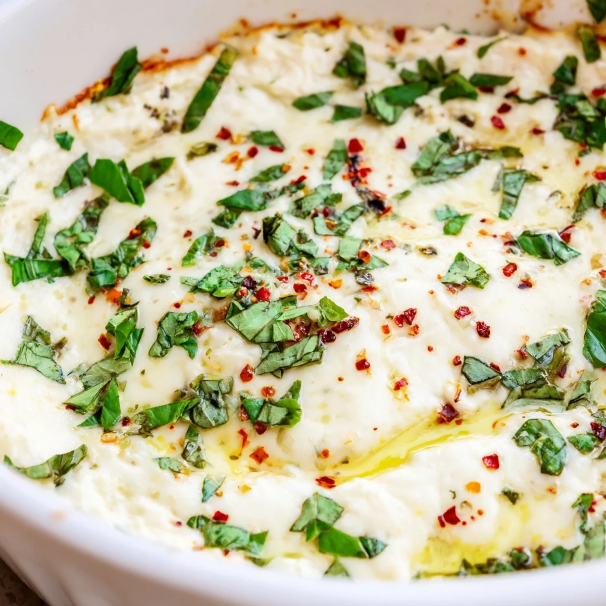 Hot appetizer of cheesy garlic white pizza dip garnished with parsley and herbs