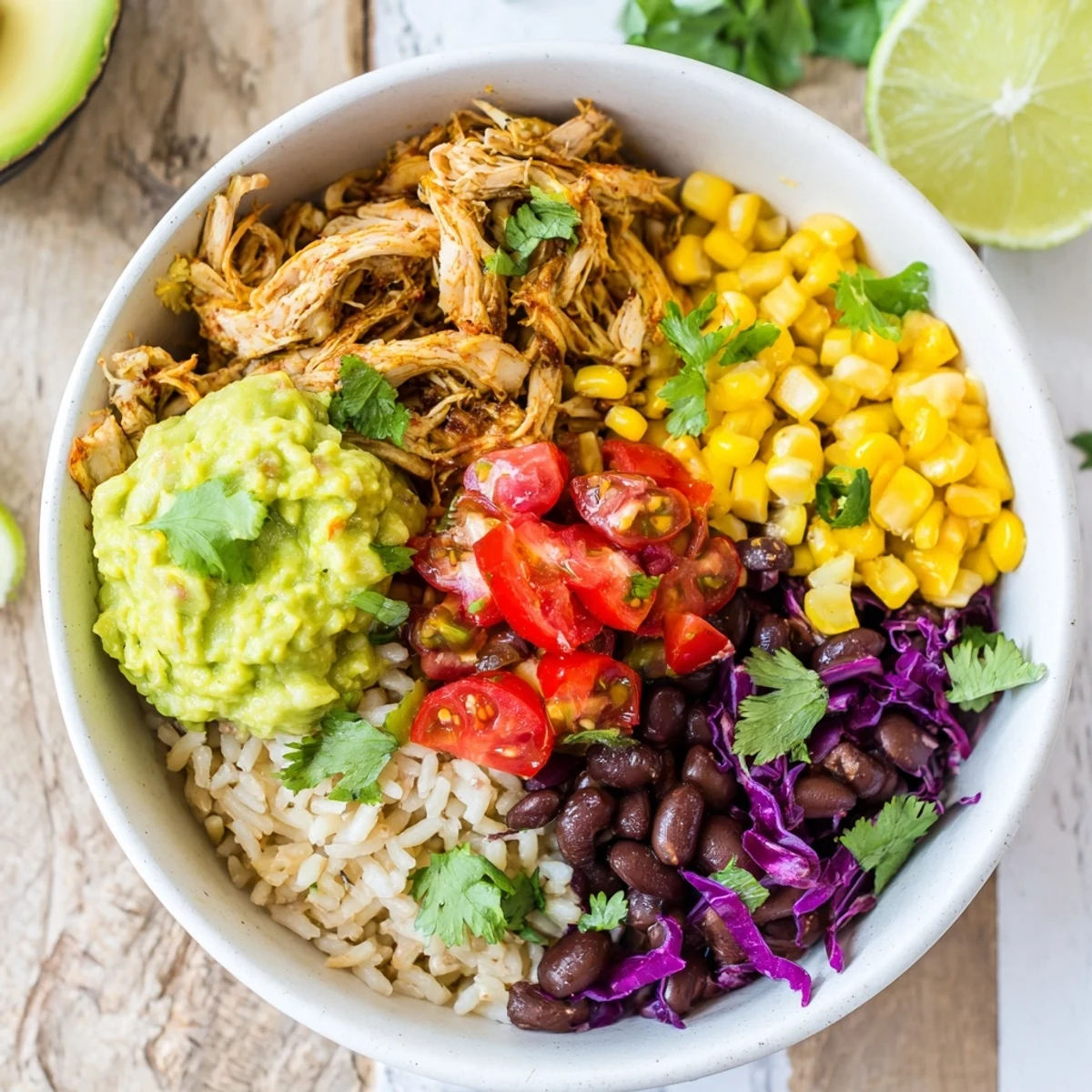 Colorful pulled chicken guacamole bowl with tender spiced chicken, fresh avocado, and vibrant Tex-Mex toppings over fluffy brown rice