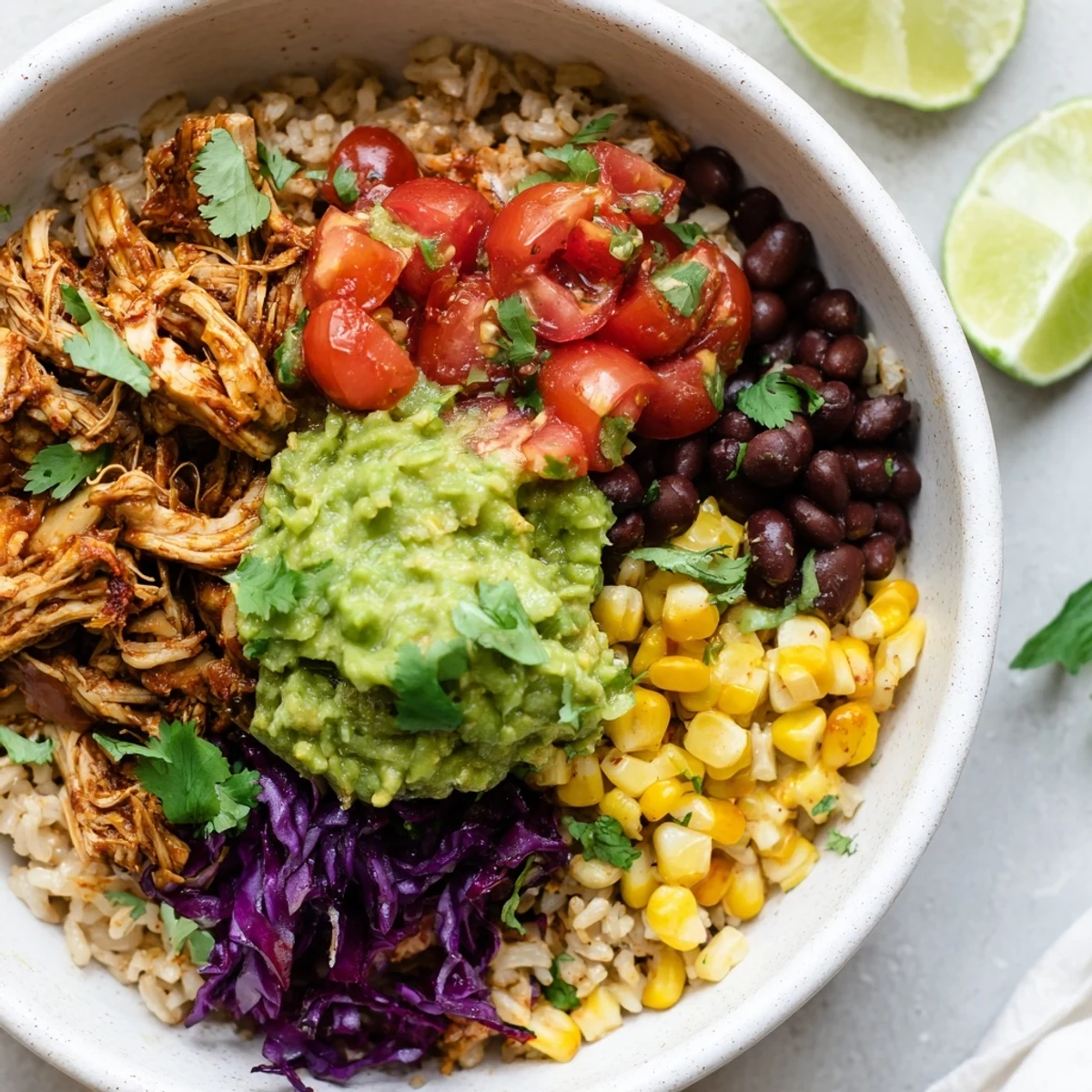 Hearty pulled chicken guacamole bowl featuring shredded chicken breast, creamy homemade guac, black beans, corn, and crisp vegetables