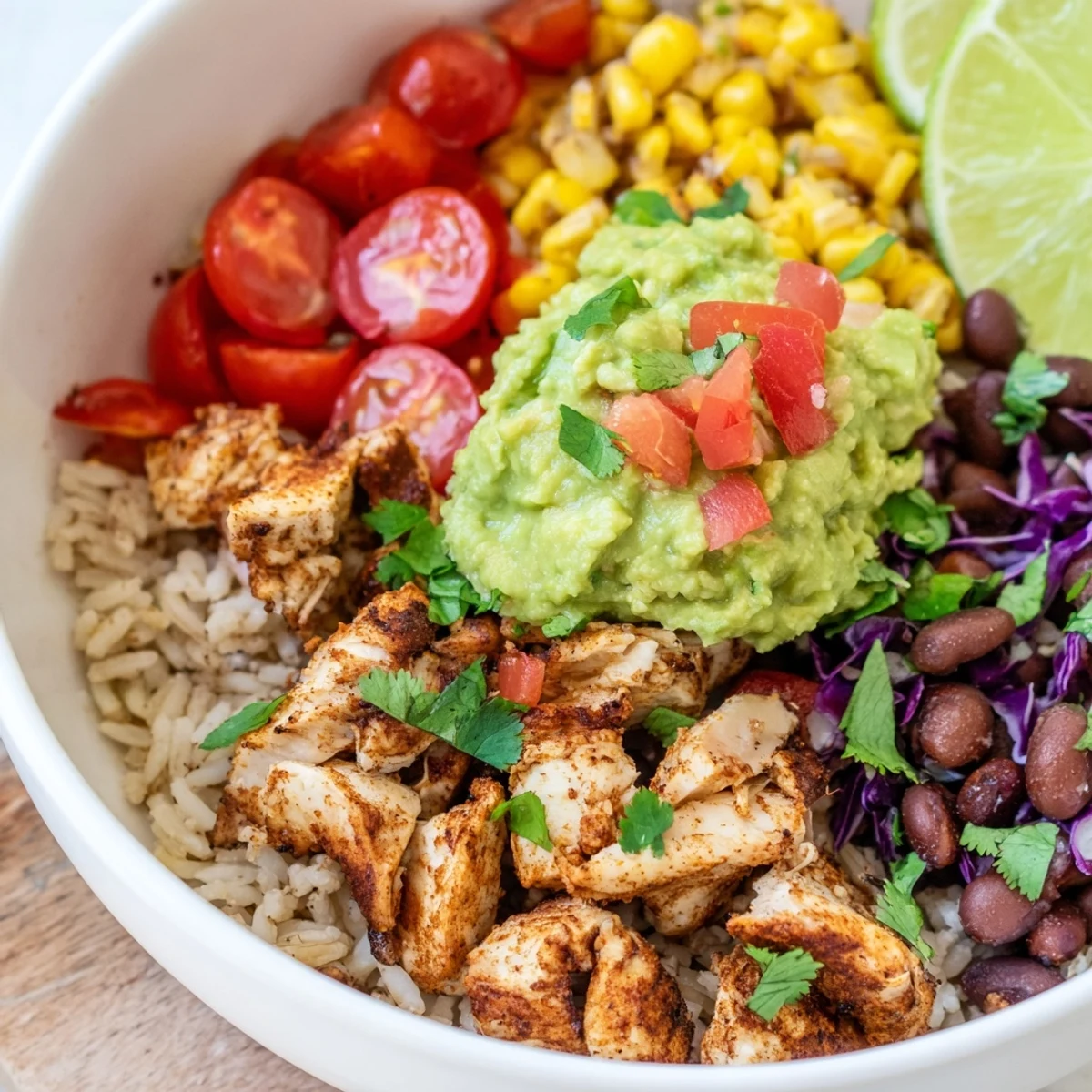 Nutritious Tex-Mex pulled chicken guacamole bowl loaded with spiced chicken, ripe avocado mash, tomatoes, cabbage, and zesty lime