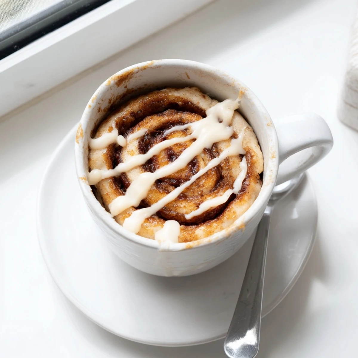 Steamy high protein cottage cheese cinnamon roll mug cake drizzled with cream cheese icing in a white ceramic mug