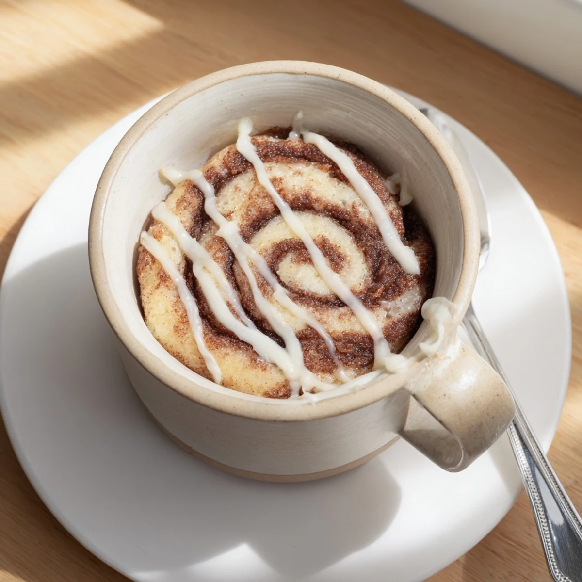 Soft cinnamon-swirled cottage cheese mug cake topped with sweet glaze, photographed from above with a fork