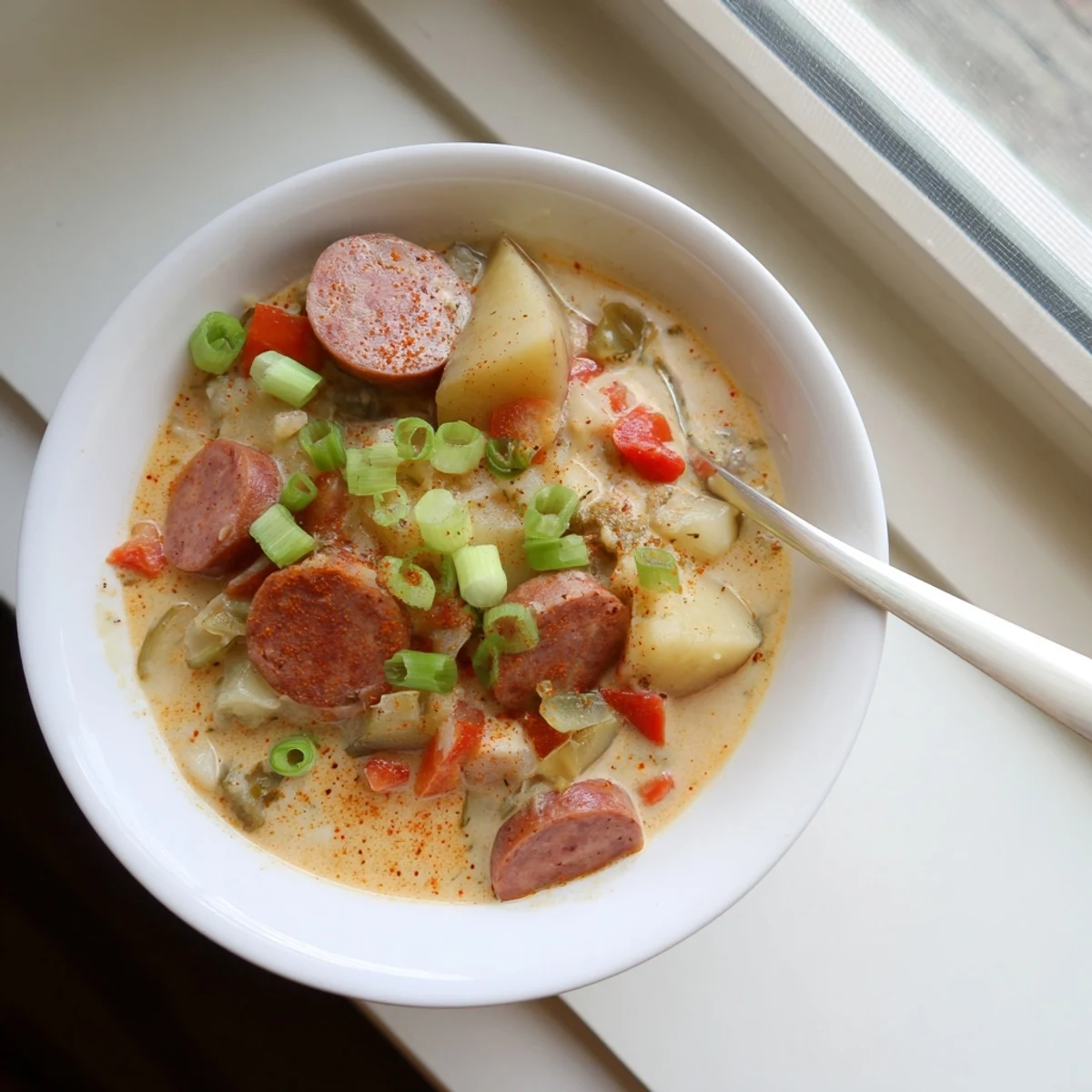 Creamy Spicy Cajun Potato Soup topped with sliced green onions in a white bowl