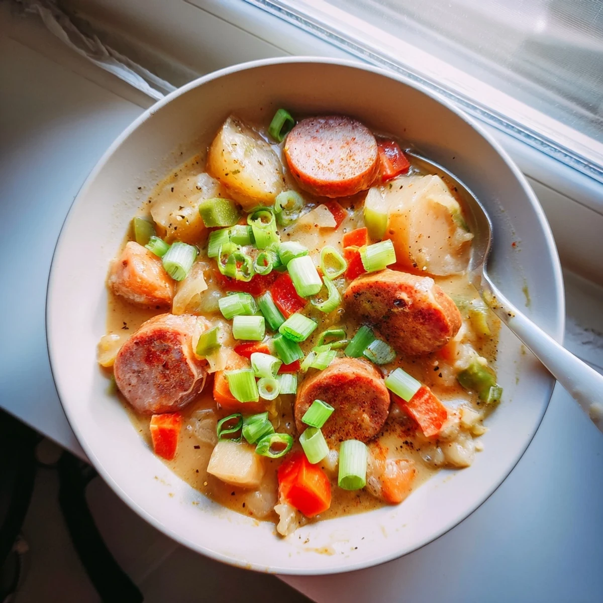 Rustic bowl of chunky potato and andouille sausage soup with vibrant red pepper pieces