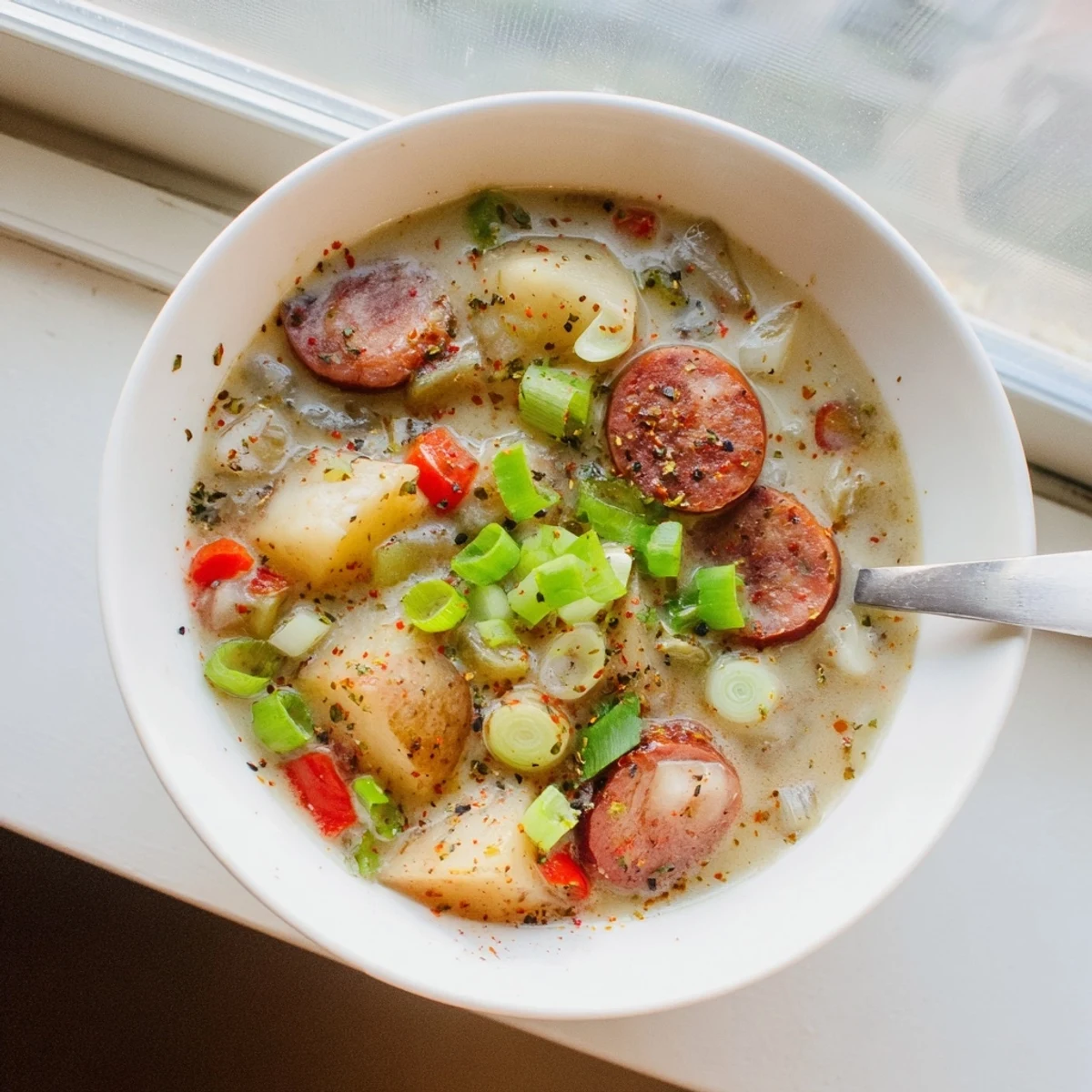Steaming Cajun potato soup with diced vegetables and smoked sausage ready for serving
