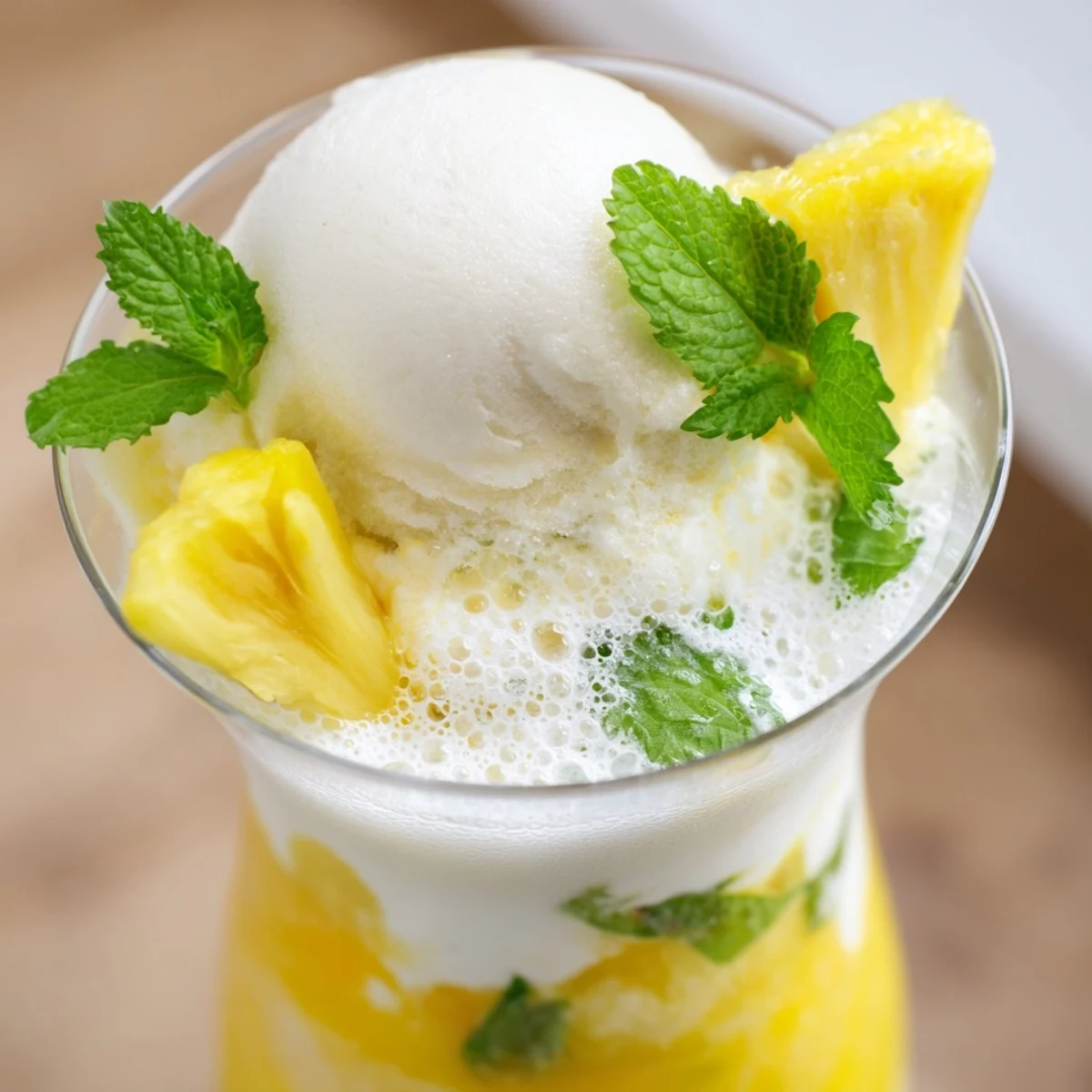 Refreshing Tropical Paradise Rebel Float showcasing layered mango pineapple blend with floating vegan ice cream scoop and sparkling soda