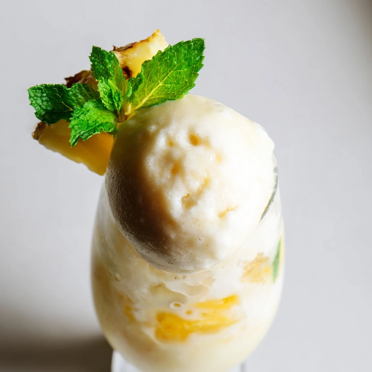 Vegan Tropical Paradise Rebel Float in tall glasses garnished with fresh mint pineapple wedges and toasted coconut flakes