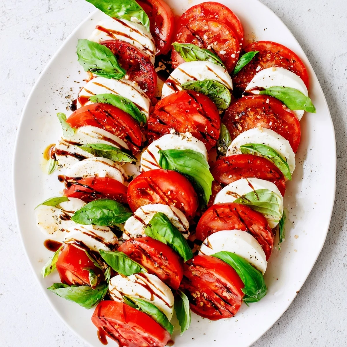 Festive Christmas candy cane Caprese salad arranged with red tomatoes and white mozzarella slices on a serving platter