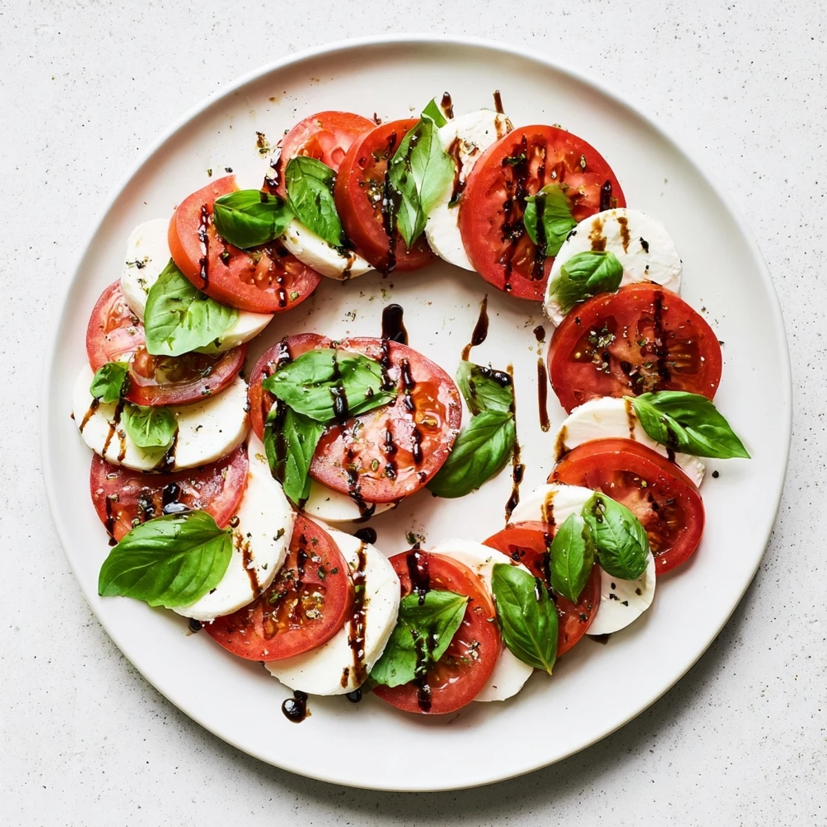 Holiday candy cane Caprese salad featuring fresh basil tucked between alternating mozzarella and tomato slices drizzled with balsamic glaze