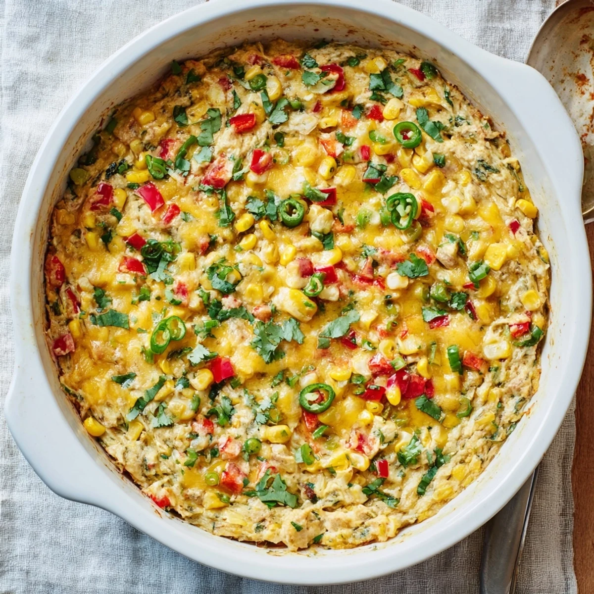 Golden bubbly corn dip topped with shredded cheese and fresh cilantro, surrounded by crispy tortilla chips for party dipping