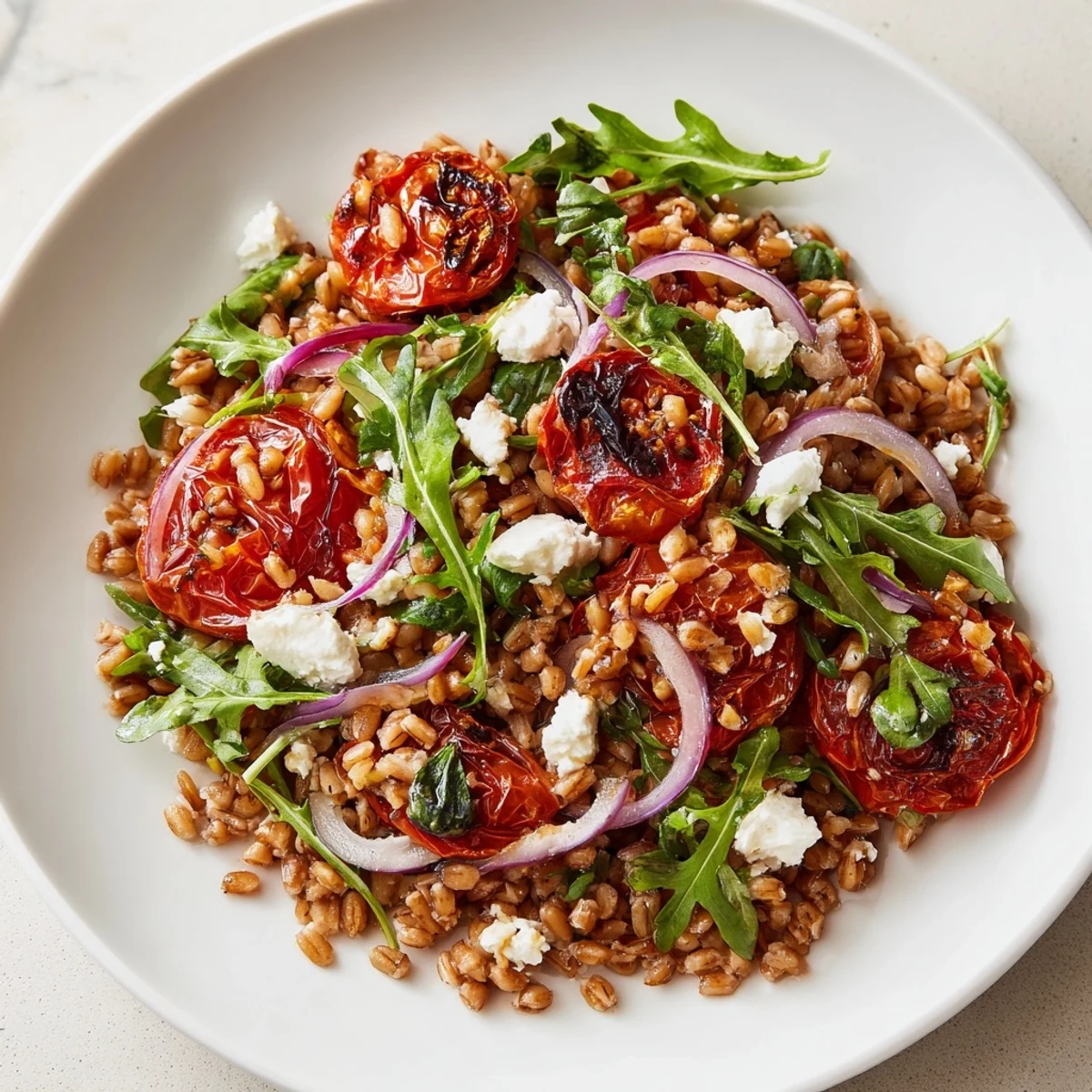Golden slow-roasted tomatoes nestled atop chewy farro with crumbled feta and fresh herbs in a rustic wooden bowl