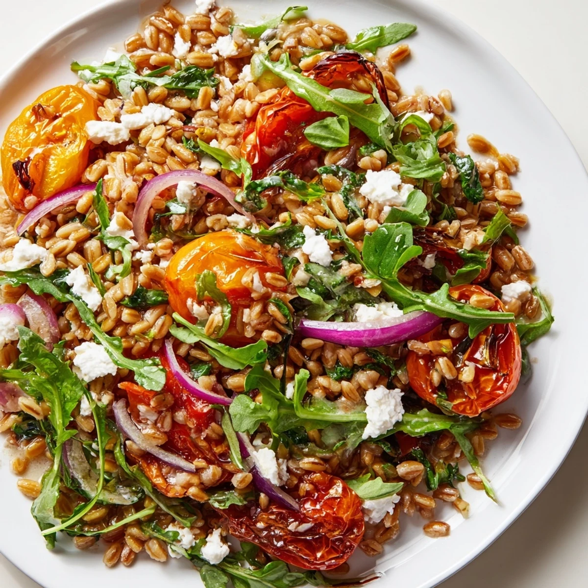 Vibrant Mediterranean salad featuring caramelized cherry tomatoes mixed with nutty farro arugula basil and tangy feta cheese