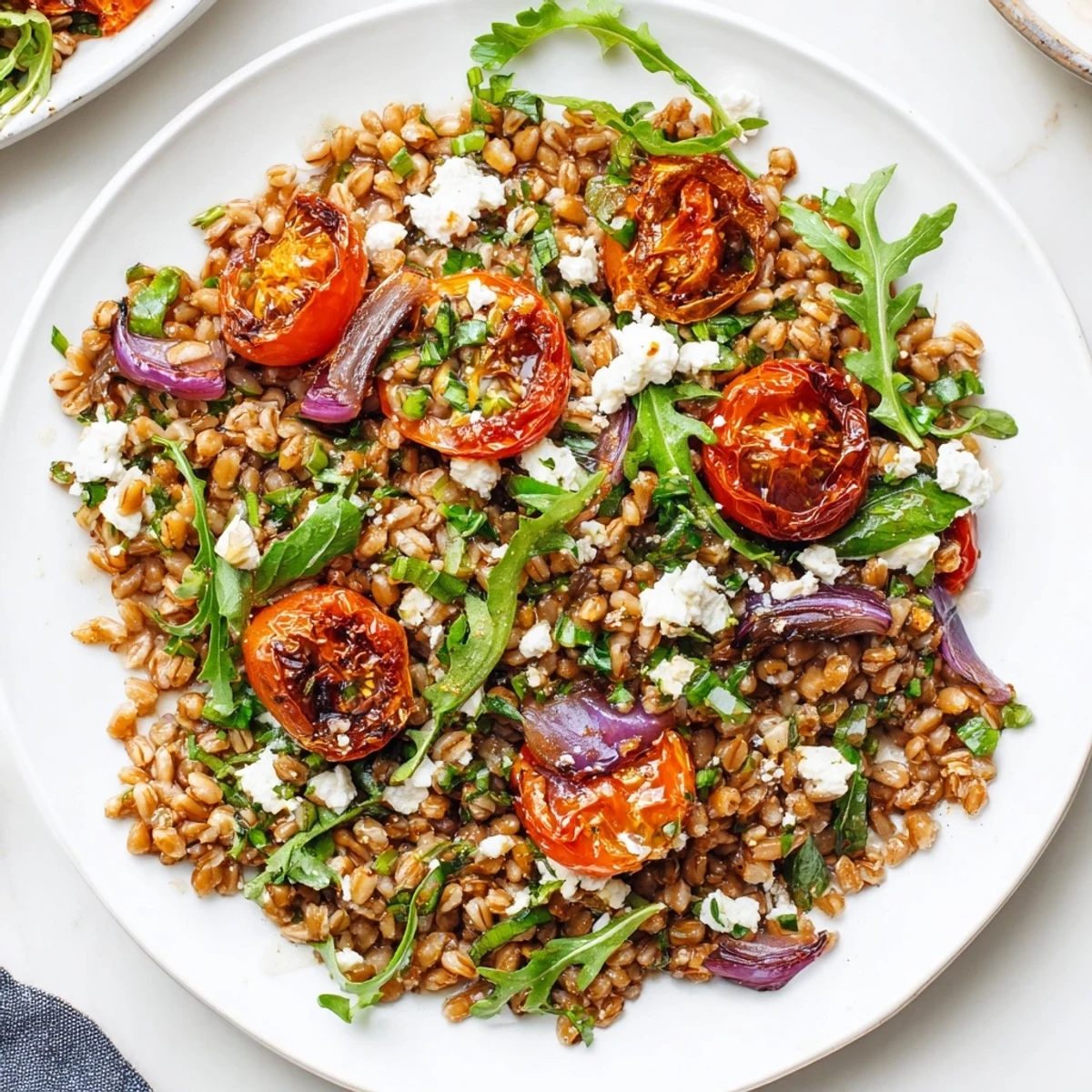 Hearty slow roasted tomato farro salad served family style with fresh greens red onion and creamy feta crumbles