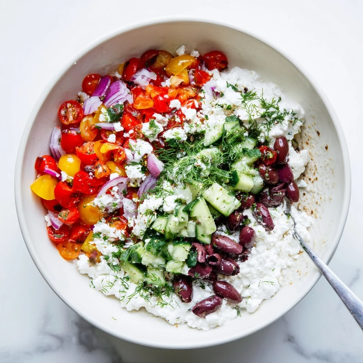 Protein-packed cottage cheese bowl with crisp cucumbers, cherry tomatoes, olives, and Mediterranean herbs for healthy lunch