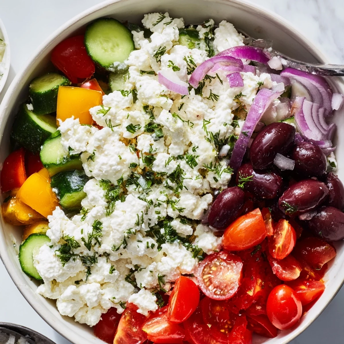 Creamy cottage cheese layered with Greek salad vegetables including diced peppers, red onion, and tangy feta cheese