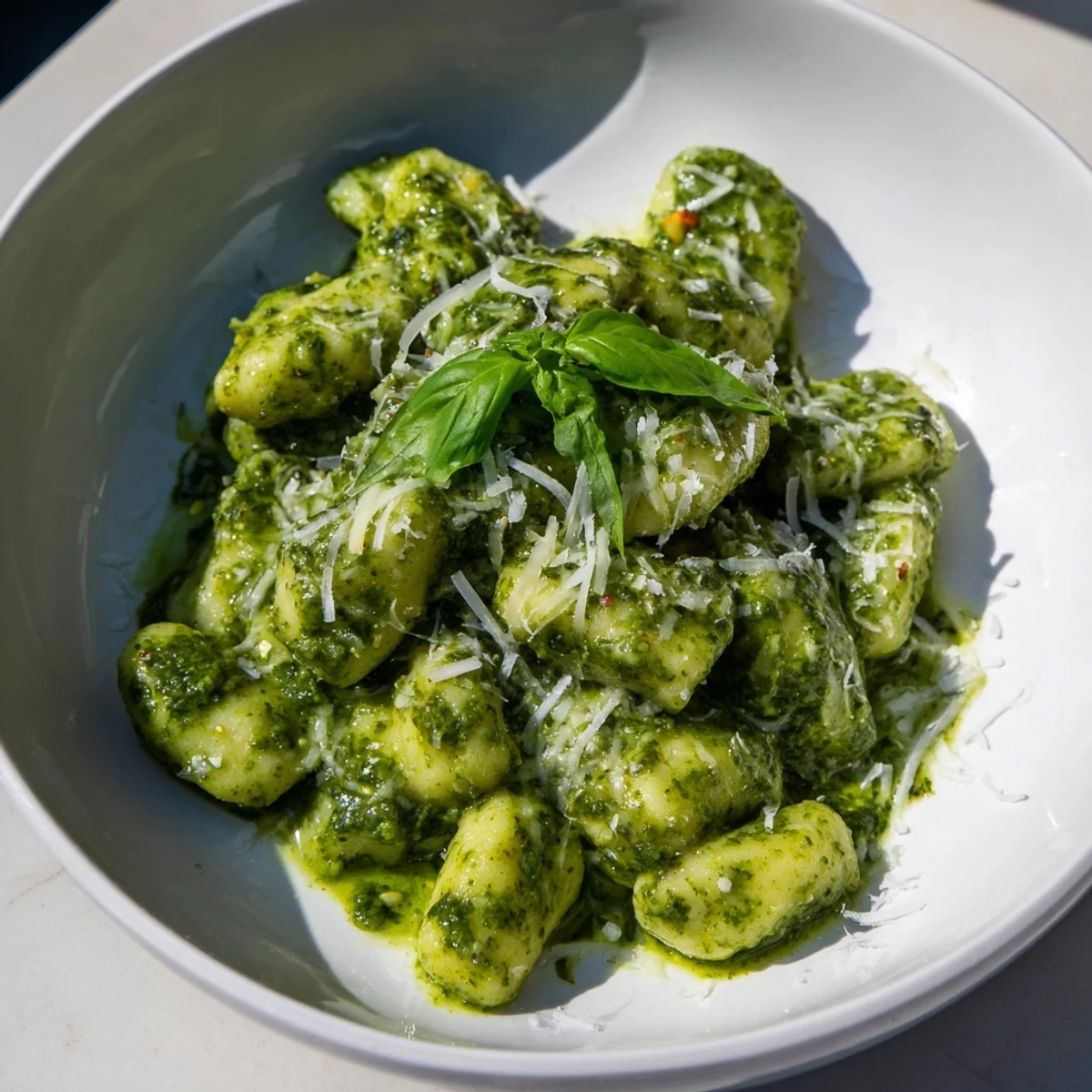 Golden potato gnocchi coated in vibrant green basil pesto sauce with grated Parmesan