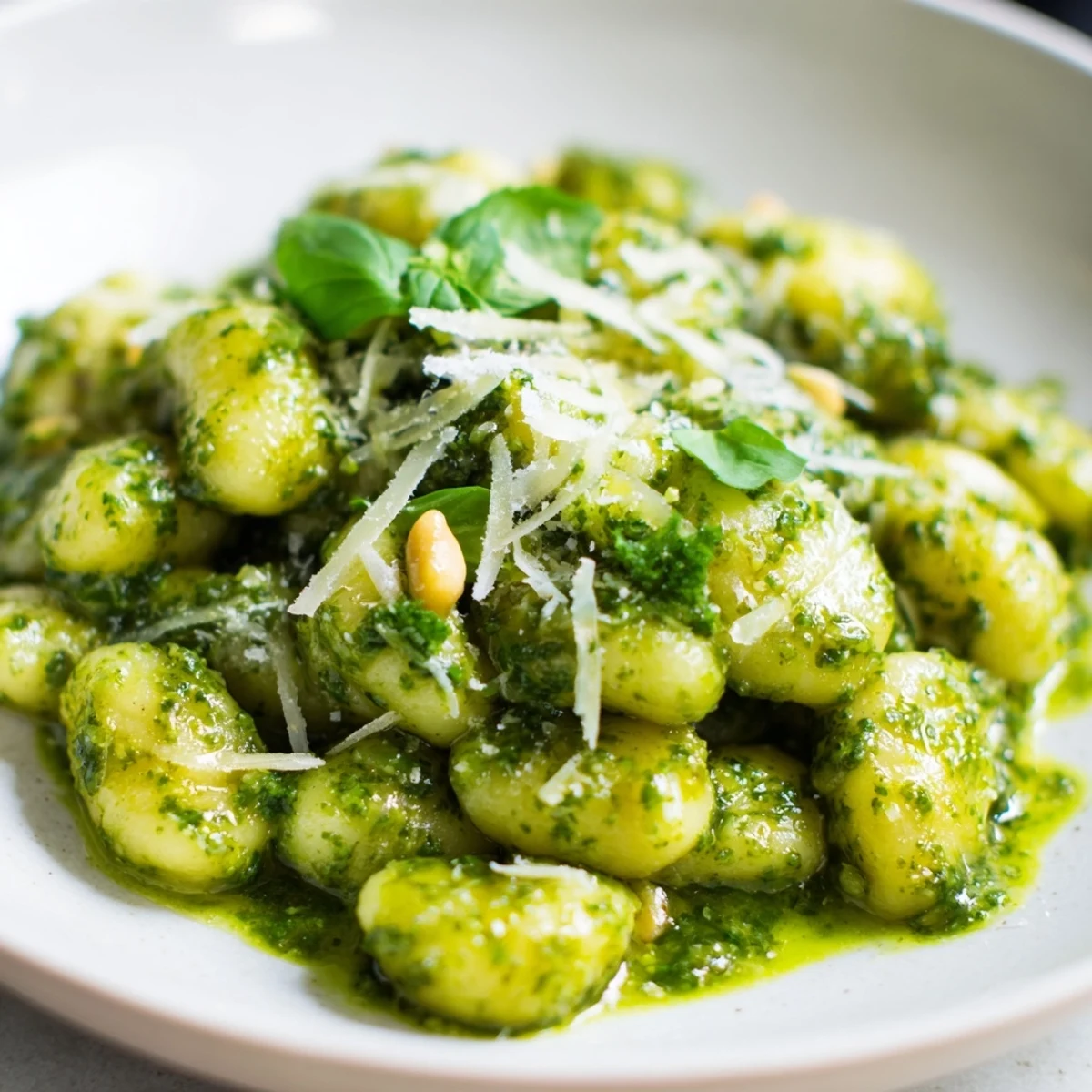 Bowl of easy pesto gnocchi garnished with fresh basil leaves and extra cheese