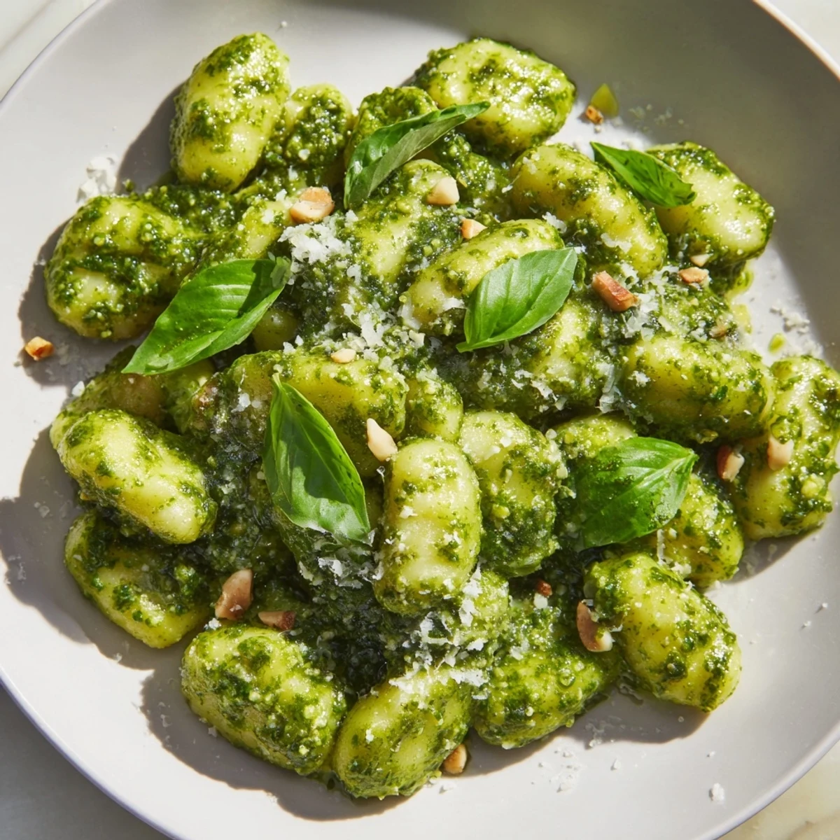 Tender gnocchi tossed in homemade basil pesto sauce for a quick Italian dinner