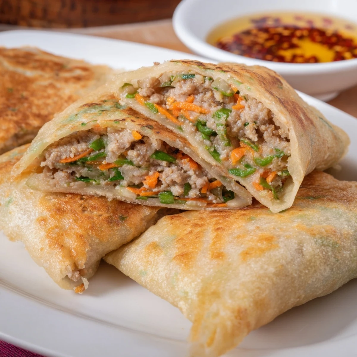 Breakfast table spread of Chinese style savoury stuffed pancakes with savory meat and egg visible
