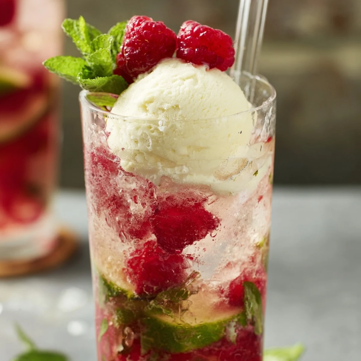 Raspberry Mint Mojito Rebel Float Mocktail topped with melting vanilla ice cream and fresh mint sprig