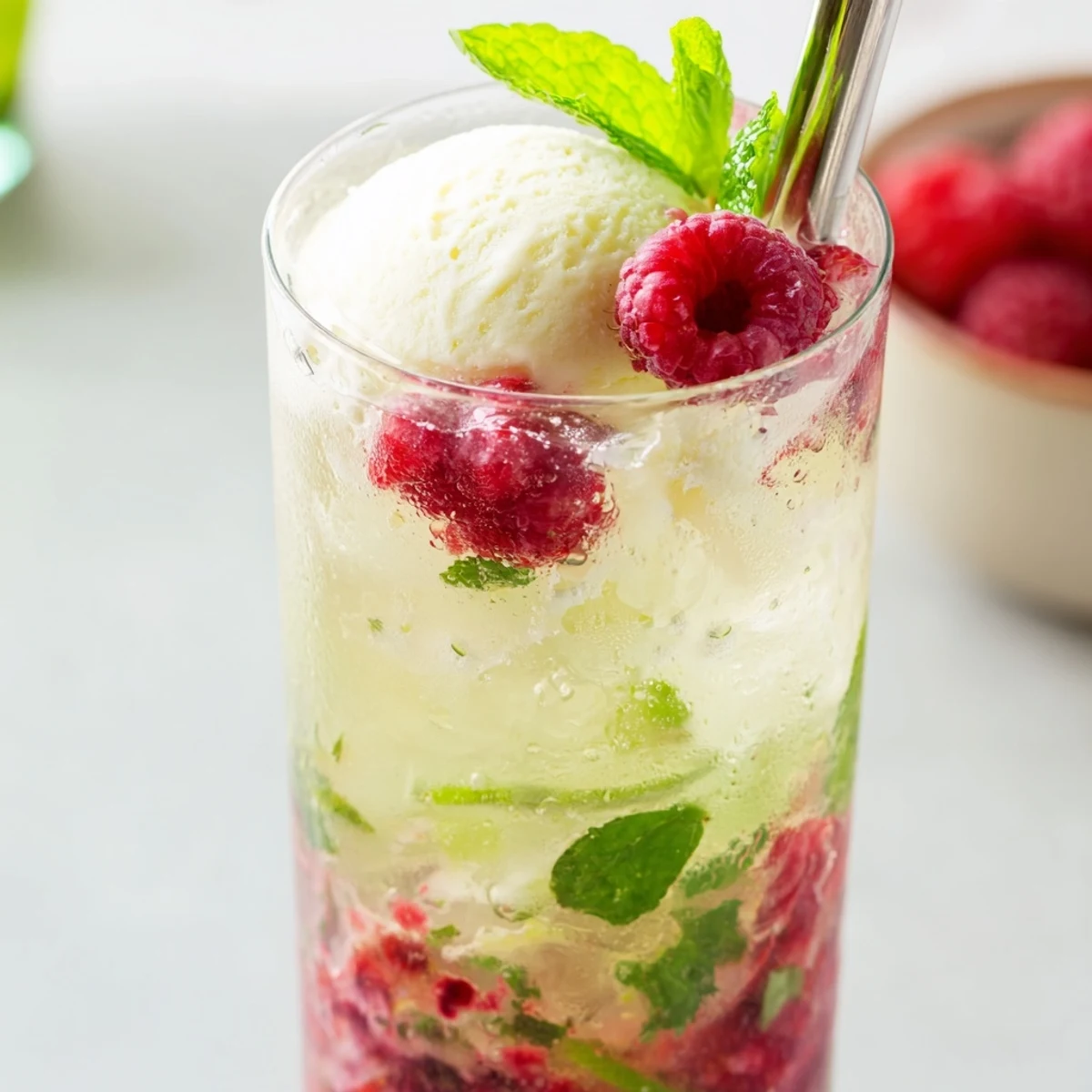 Tall glass layered with muddled raspberries mint lime and creamy vanilla ice cream scoop floating