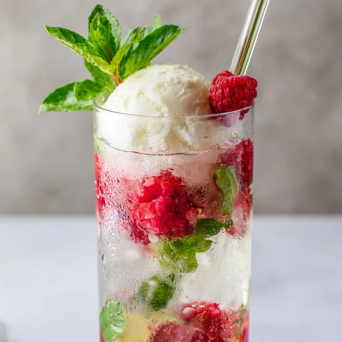 Refreshing alcohol-free float mocktail with tart raspberries cool mint and vanilla ice cream garnish