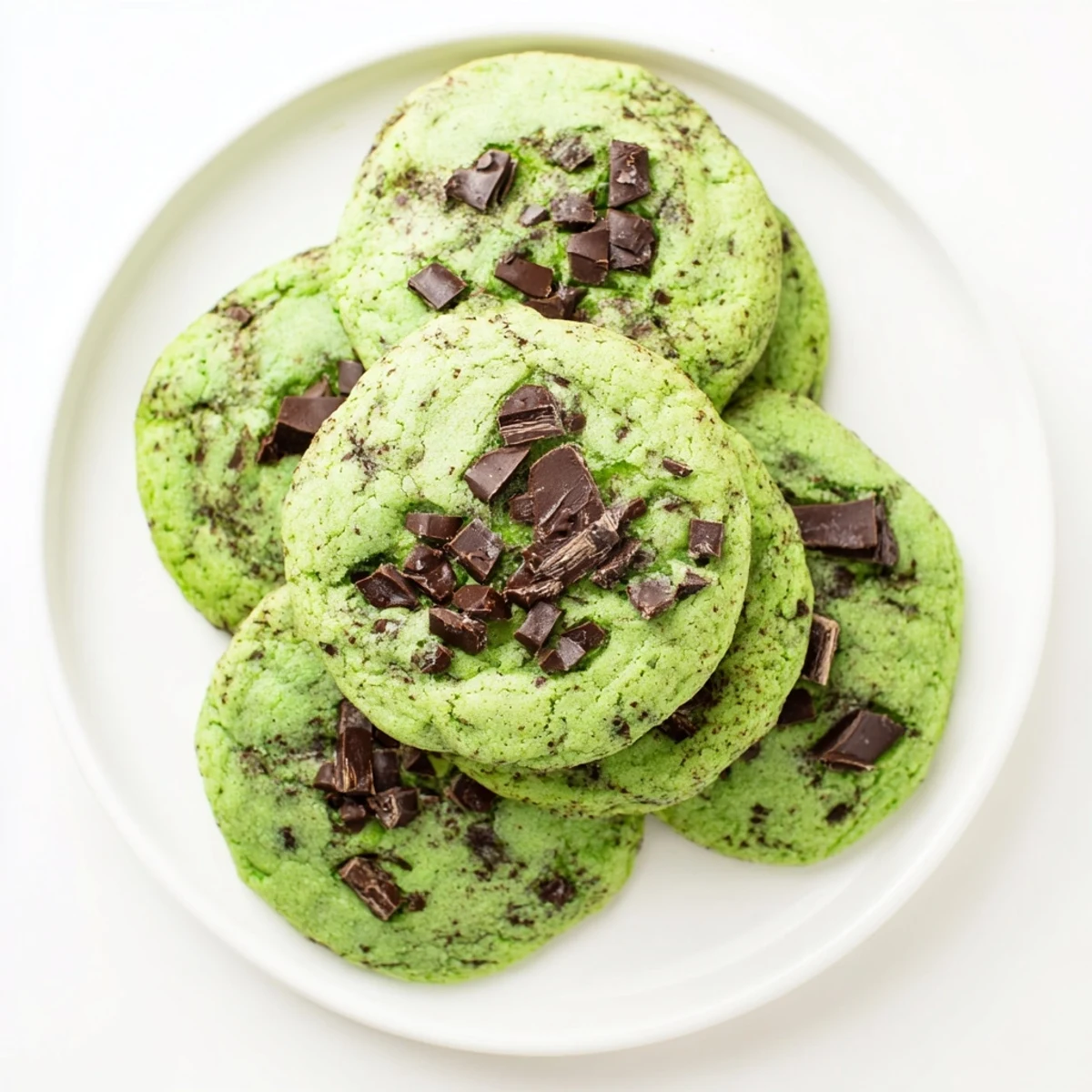 Soft green mint chocolate chip cookies piled on a white wire cooling rack
