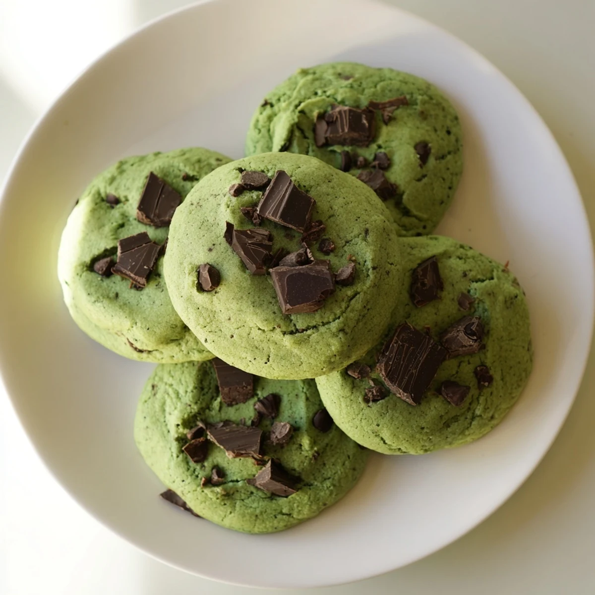 Chewy green mint chocolate chip cookies with melted chocolate chips on a wooden board