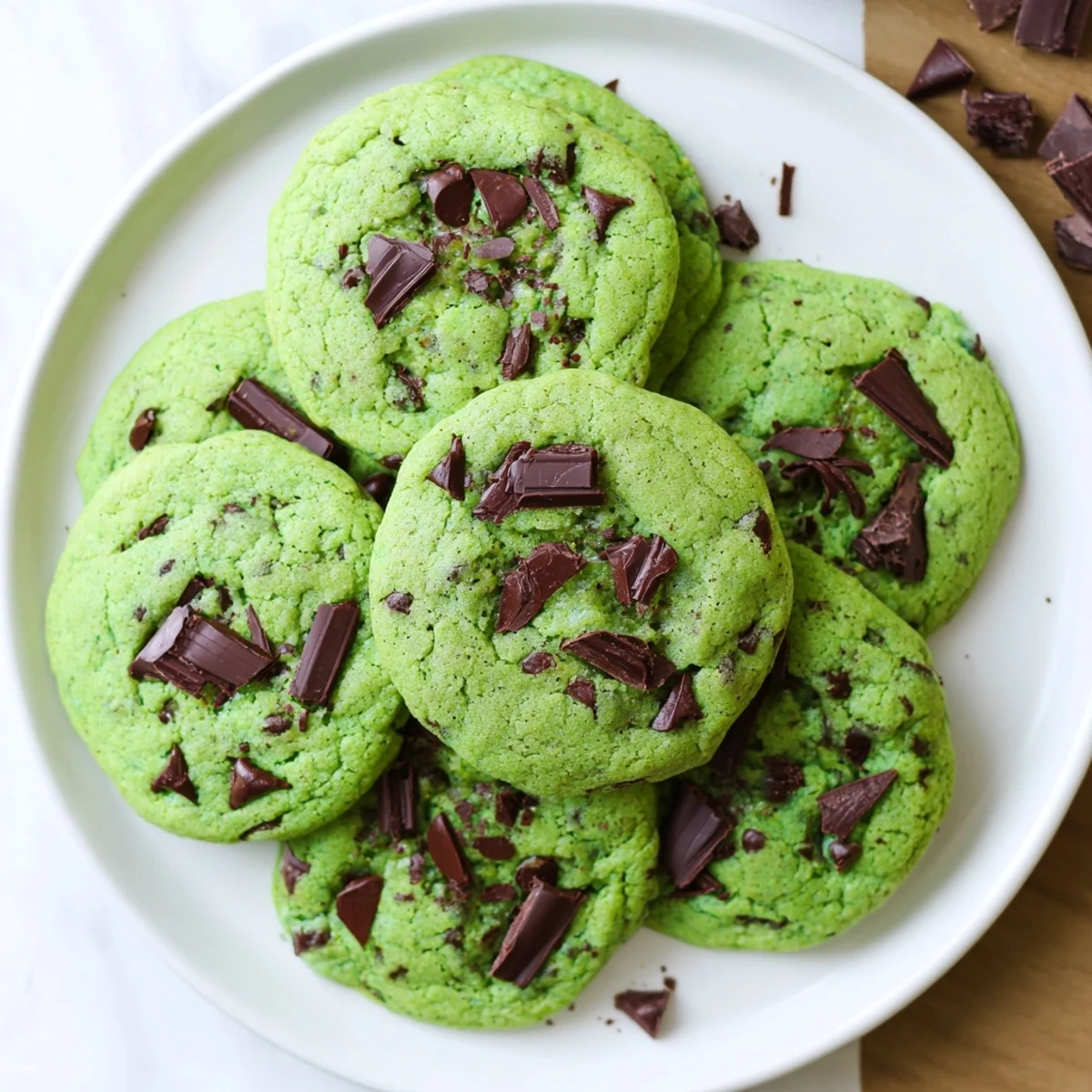 Freshly baked green mint chocolate chip cookies stacked on a decorative baking sheet