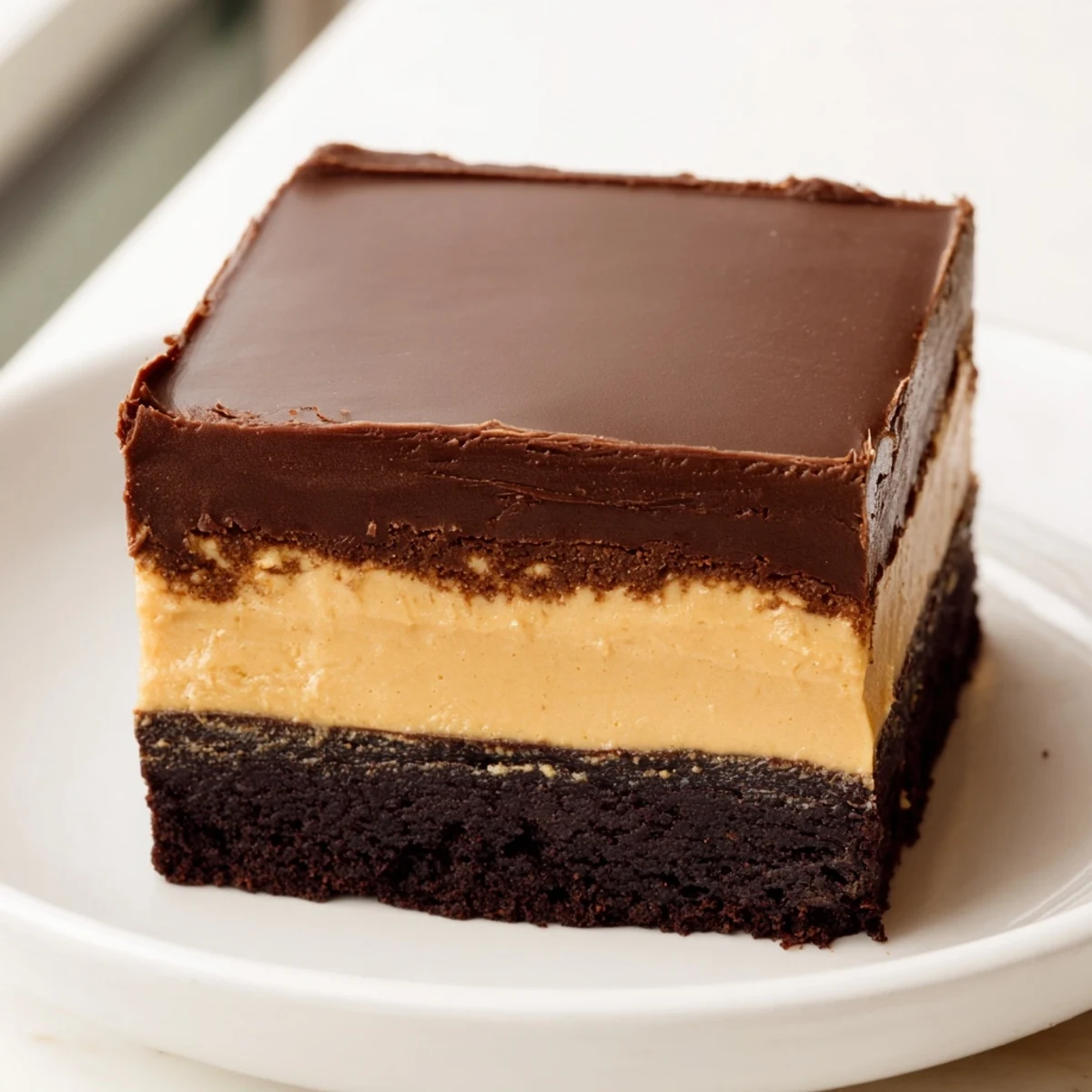 Decadent layered peanut butter brownies cut into squares displaying creamy peanut butter middle and glossy ganache top