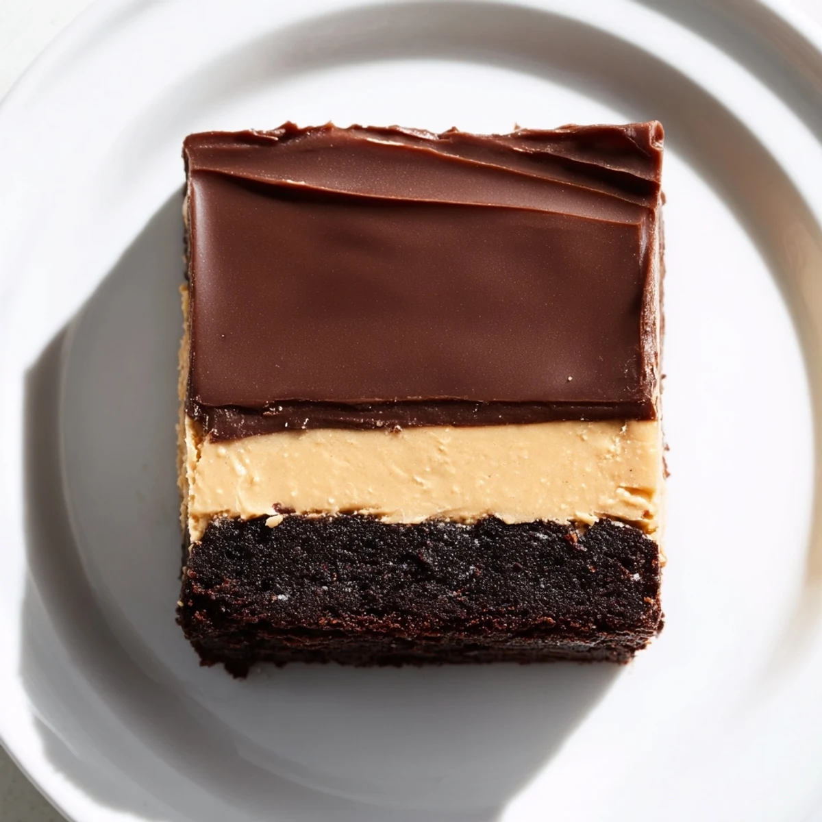 Square of layered peanut butter brownies showcasing three distinct horizontal layers with fudgy chocolate base