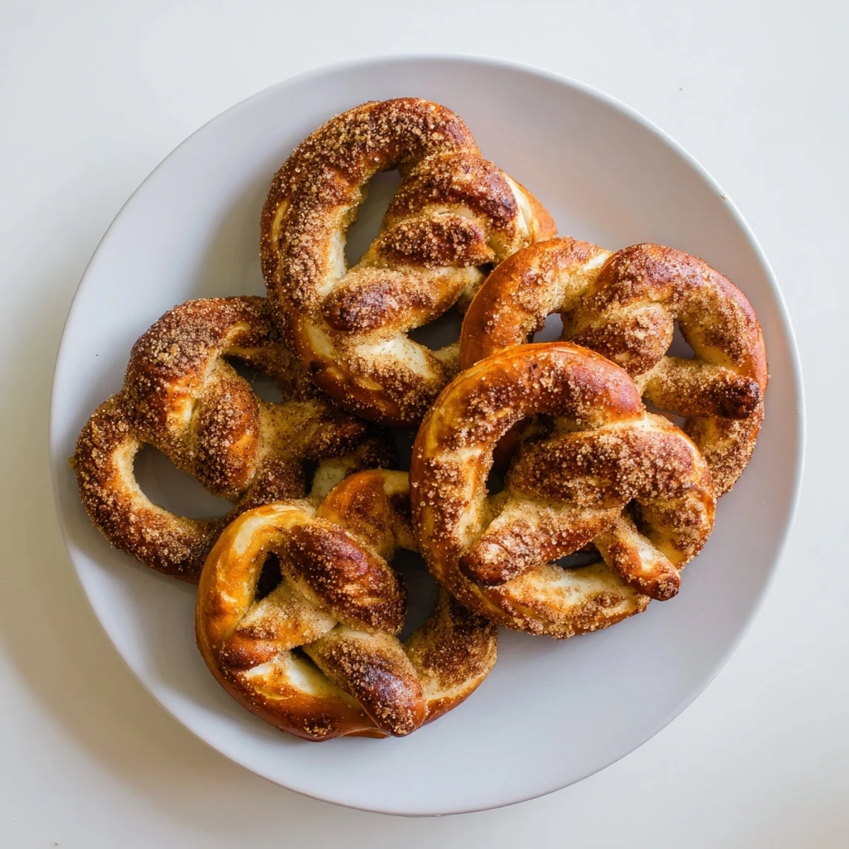 Golden brown homemade cinnamon sugar soft pretzels brushed with butter and coated in sweet spiced sugar