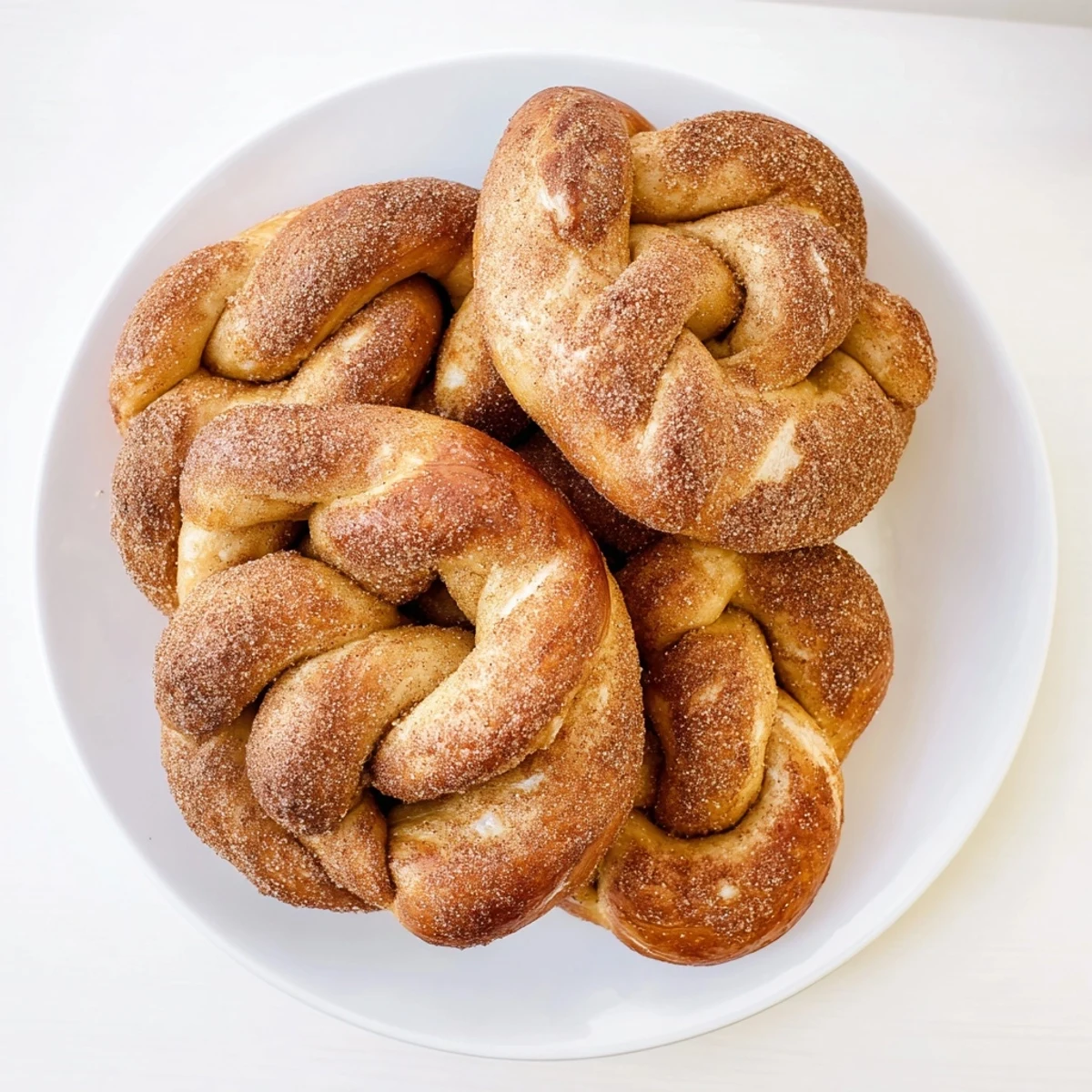 Warm pillowy cinnamon sugar soft pretzels fresh from the oven sprinkled with aromatic spice mixture