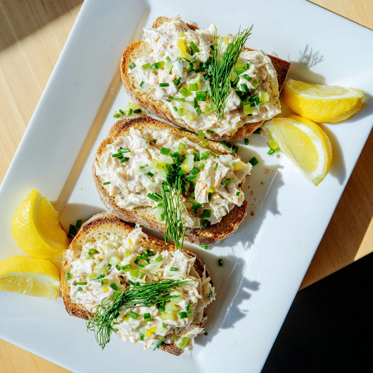 Golden sourdough toast piled high with creamy crab salad and fresh chives
