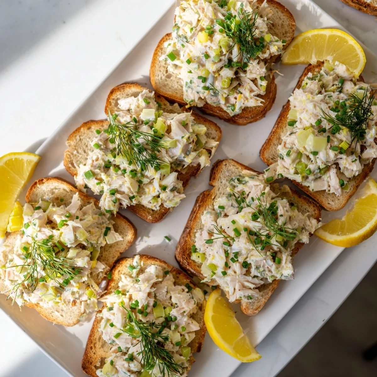 Buttered rustic bread topped with lump crab mixture and lemon wedges