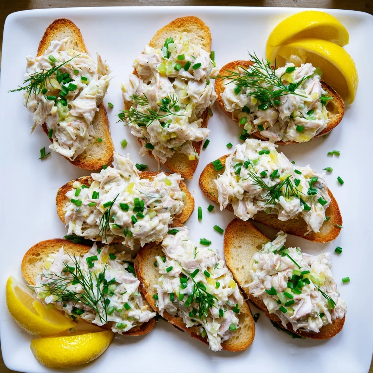 Crispy appetizer toast with seasoned crab meat, herbs, and zesty garnish